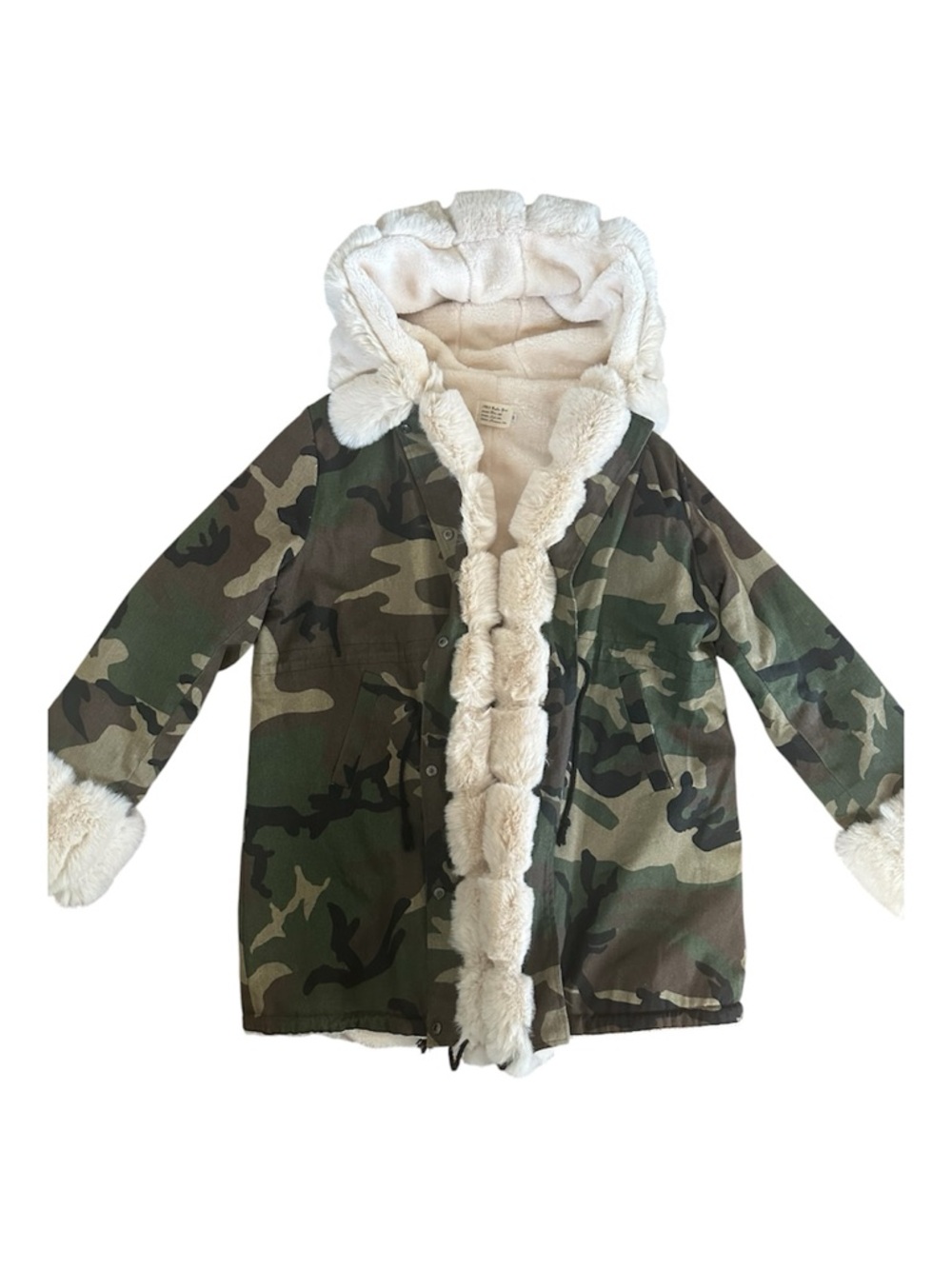 Camo Faux Fur Lined Hooded Parka Jacket XL Plush Sherpa Lining Army Green Coat - Picture 5 of 7
